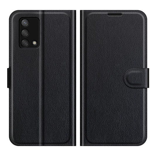 Litchi Texture Leather Wallet Phone Case Folio Flip Cover with Stand for Oppo F19 / A74 4G - Black