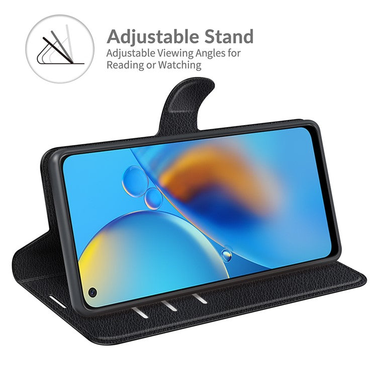 Litchi Texture Leather Wallet Phone Case Folio Flip Cover with Stand for Oppo F19 / A74 4G - Black