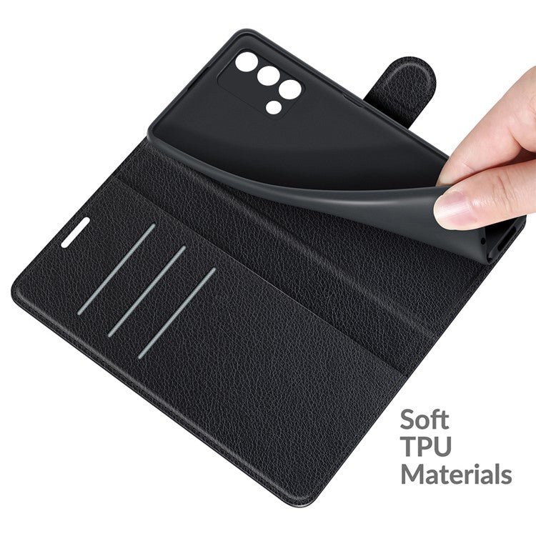 Litchi Texture Leather Wallet Phone Case Folio Flip Cover with Stand for Oppo F19 / A74 4G - Black