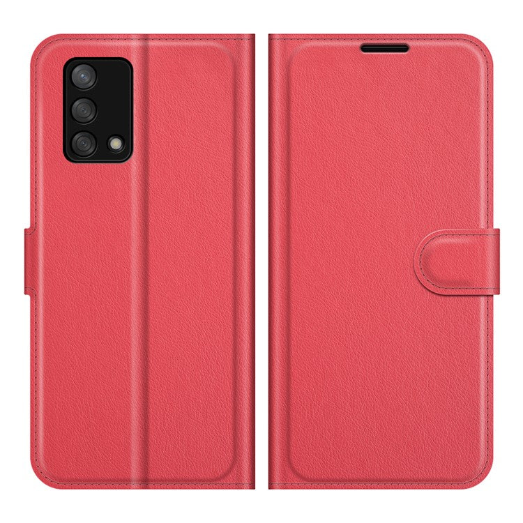 Litchi Texture Leather Wallet Phone Case Folio Flip Cover with Stand for Oppo F19 / A74 4G - Red