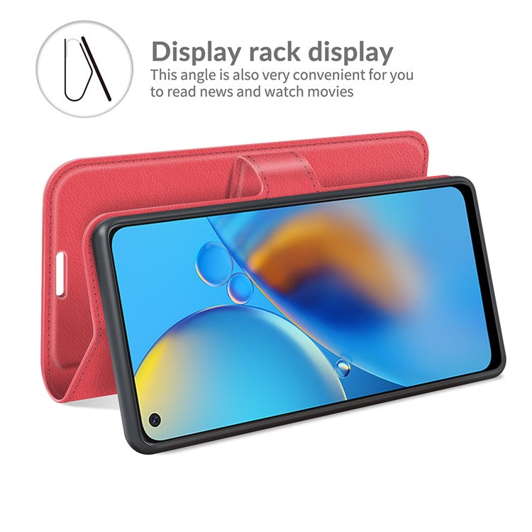 Litchi Texture Leather Wallet Phone Case Folio Flip Cover with Stand for Oppo F19 / A74 4G - Red