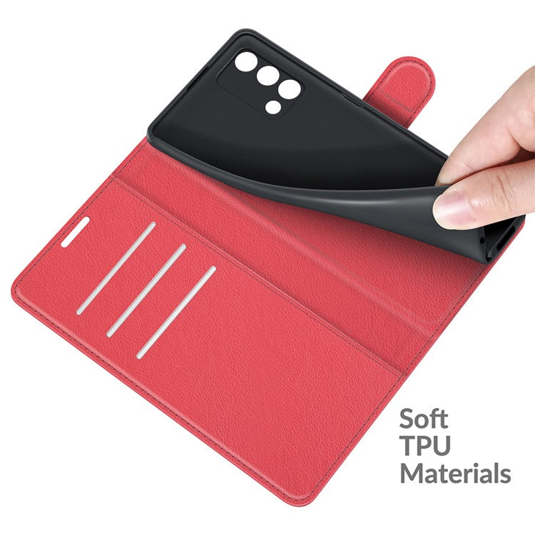 Litchi Texture Leather Wallet Phone Case Folio Flip Cover with Stand for Oppo F19 / A74 4G - Red