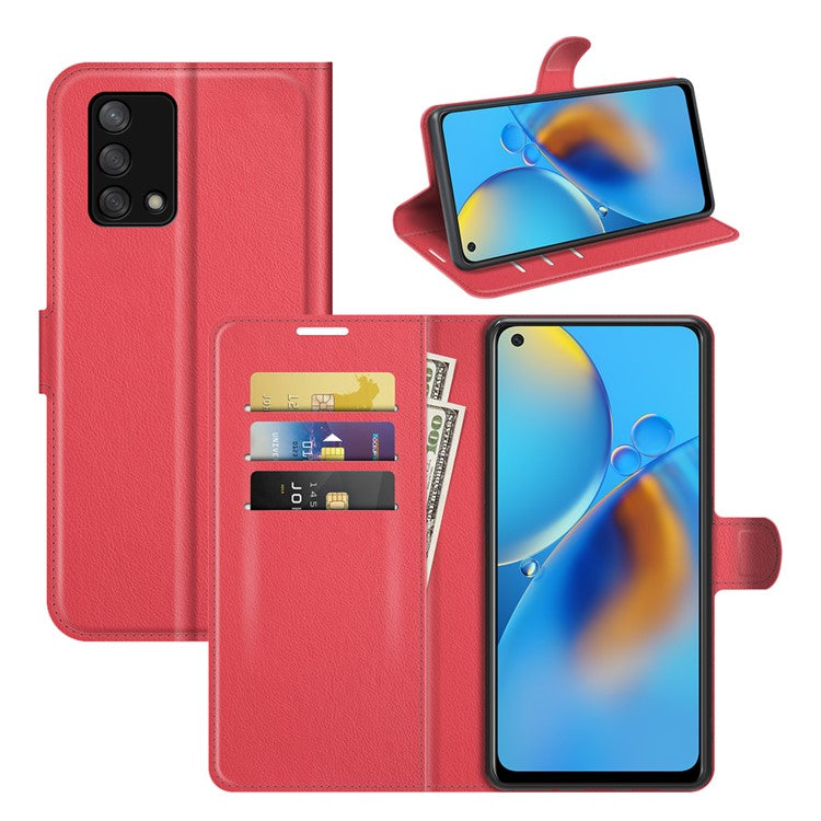 Litchi Texture Leather Wallet Phone Case Folio Flip Cover with Stand for Oppo F19 / A74 4G - Red