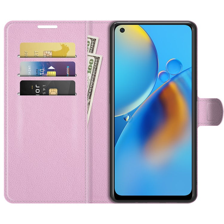 Litchi Texture Leather Wallet Phone Case Folio Flip Cover with Stand for Oppo F19 / A74 4G - Pink