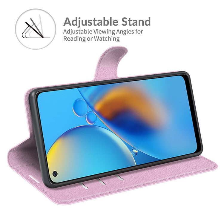 Litchi Texture Leather Wallet Phone Case Folio Flip Cover with Stand for Oppo F19 / A74 4G - Pink