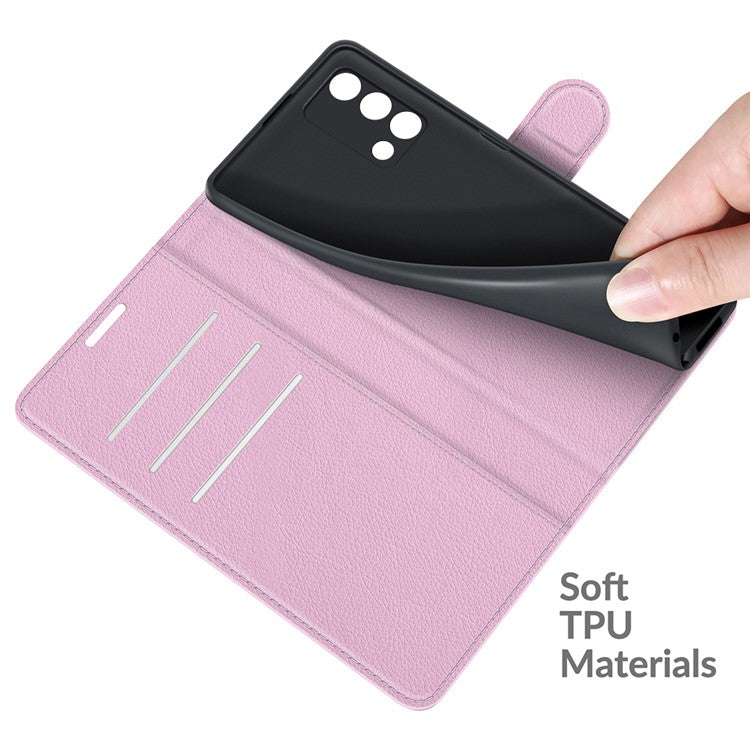 Litchi Texture Leather Wallet Phone Case Folio Flip Cover with Stand for Oppo F19 / A74 4G - Pink