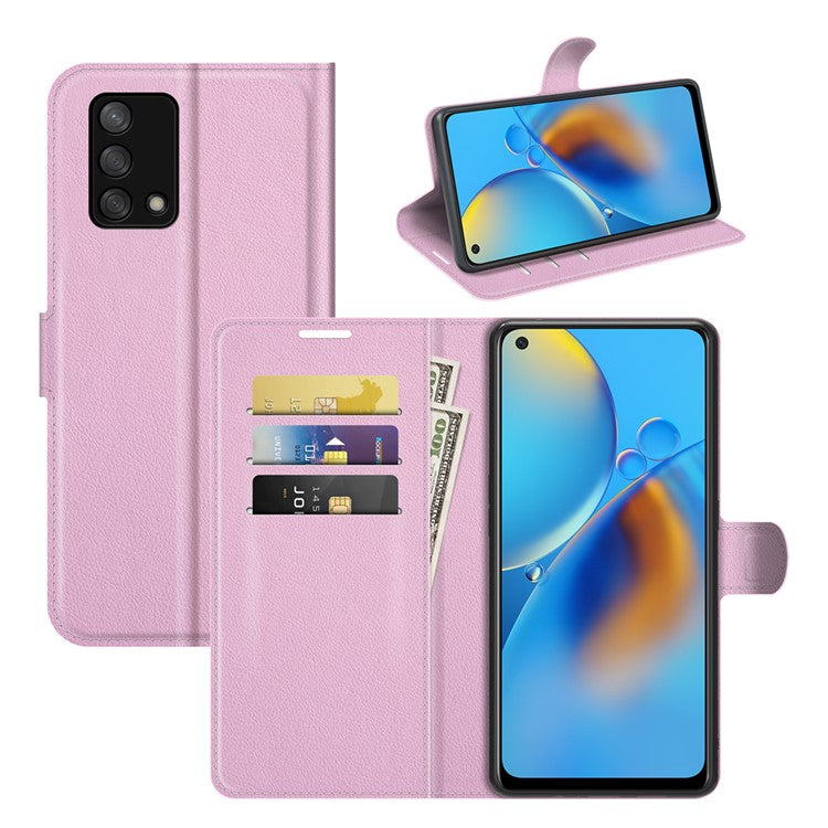 Litchi Texture Leather Wallet Phone Case Folio Flip Cover with Stand for Oppo F19 / A74 4G - Pink