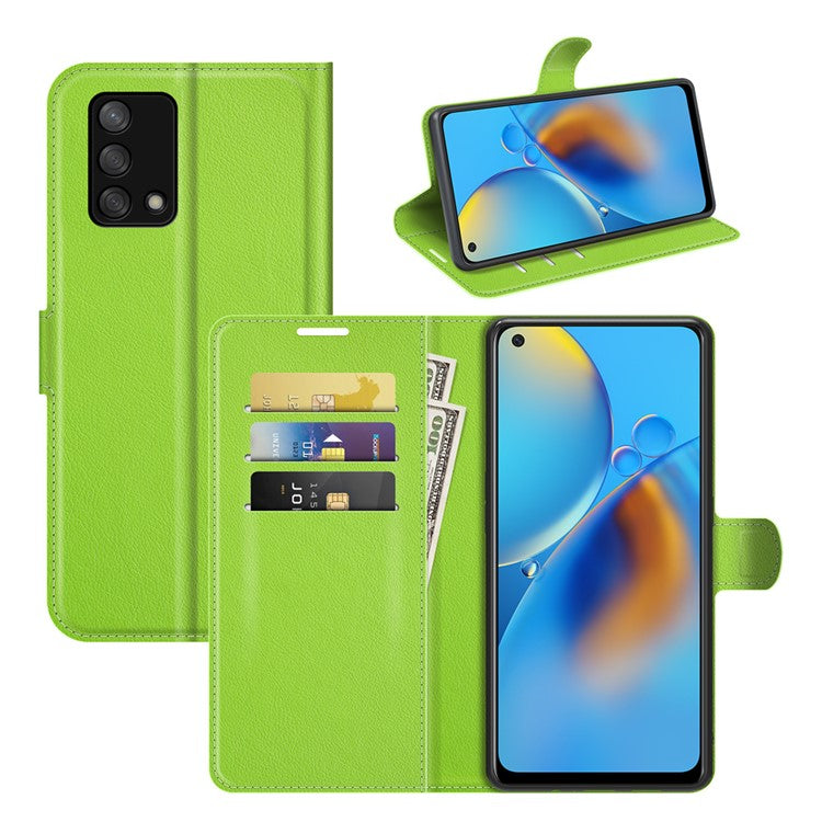 Litchi Texture Leather Wallet Phone Case Folio Flip Cover with Stand for Oppo F19 / A74 4G - Green