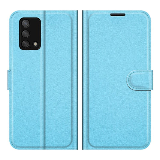 Litchi Texture Leather Wallet Phone Case Folio Flip Cover with Stand for Oppo F19 / A74 4G - Blue