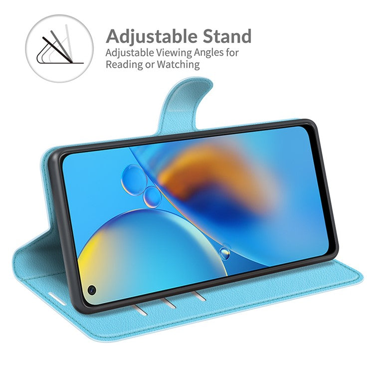 Litchi Texture Leather Wallet Phone Case Folio Flip Cover with Stand for Oppo F19 / A74 4G - Blue