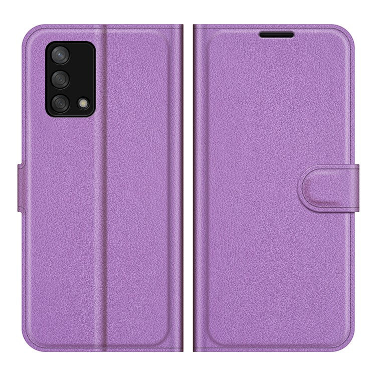 Litchi Texture Leather Wallet Phone Case Folio Flip Cover with Stand for Oppo F19 / A74 4G - Purple