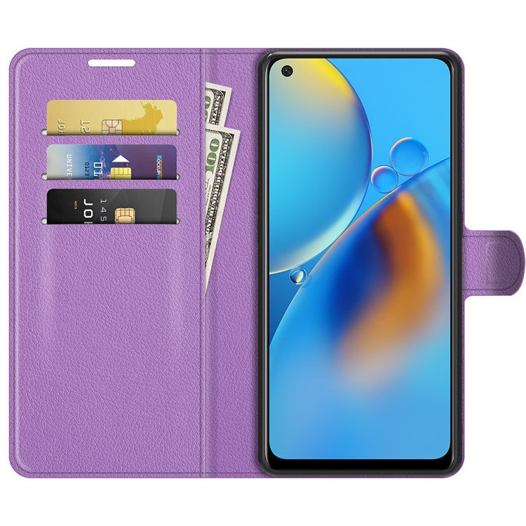 Litchi Texture Leather Wallet Phone Case Folio Flip Cover with Stand for Oppo F19 / A74 4G - Purple