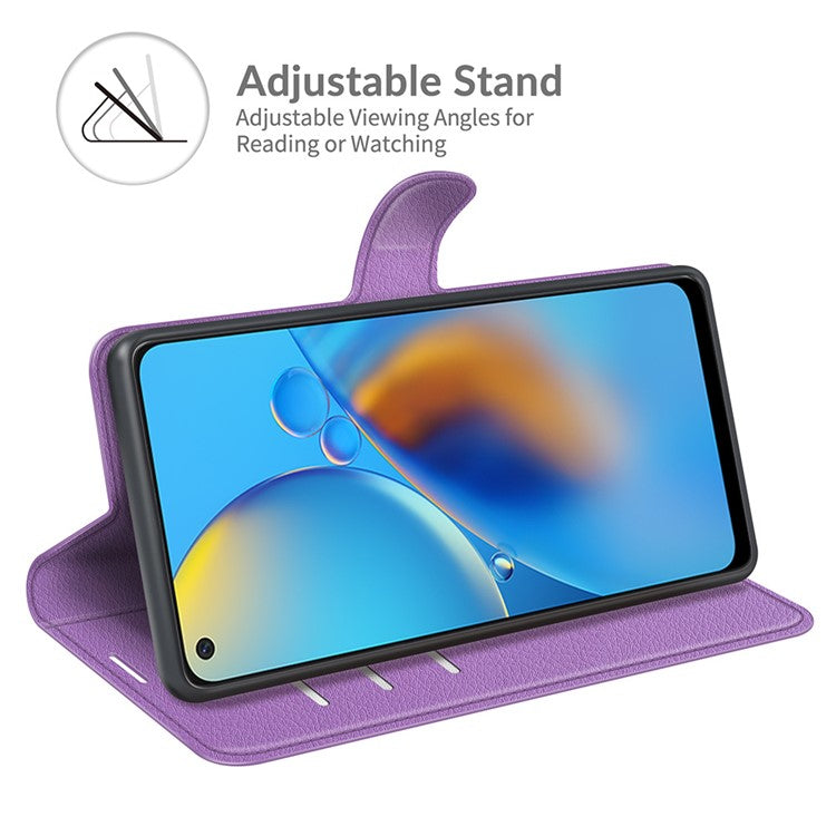 Litchi Texture Leather Wallet Phone Case Folio Flip Cover with Stand for Oppo F19 / A74 4G - Purple