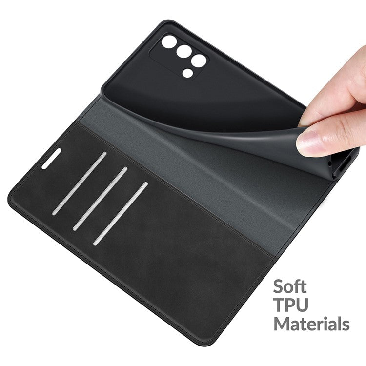 Skin-touch Leather Protective Cover Auto-Absorbed Case with Wallet Stand for Oppo F19/A74 4G - Black