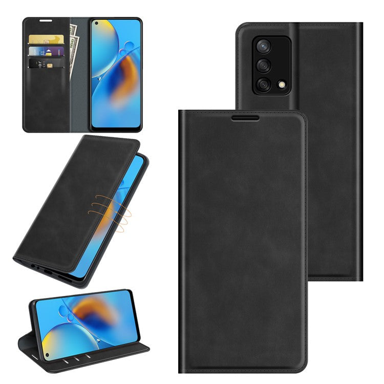 Skin-touch Leather Protective Cover Auto-Absorbed Case with Wallet Stand for Oppo F19/A74 4G - Black
