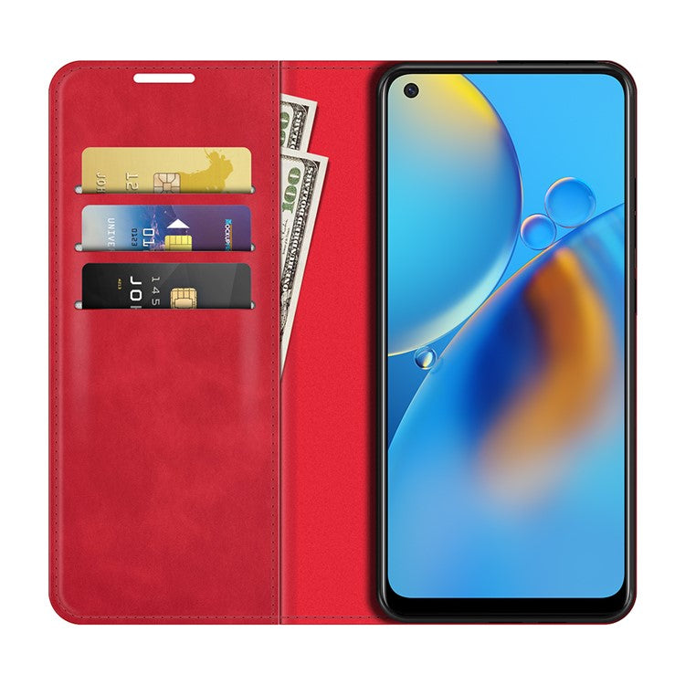 Skin-touch Leather Protective Cover Auto-Absorbed Case with Wallet Stand for Oppo F19/A74 4G - Red
