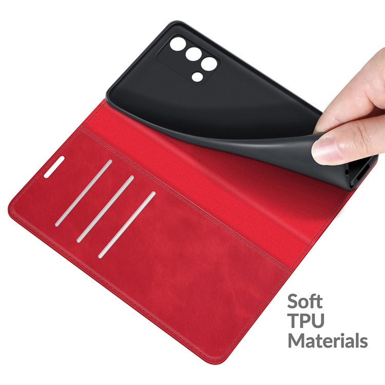 Skin-touch Leather Protective Cover Auto-Absorbed Case with Wallet Stand for Oppo F19/A74 4G - Red