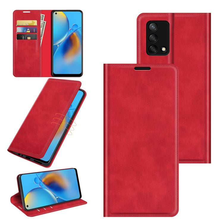 Skin-touch Leather Protective Cover Auto-Absorbed Case with Wallet Stand for Oppo F19/A74 4G - Red