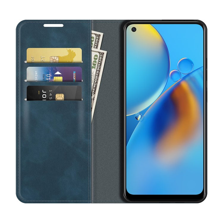 Skin-touch Leather Protective Cover Auto-Absorbed Case with Wallet Stand for Oppo F19/A74 4G - Blue
