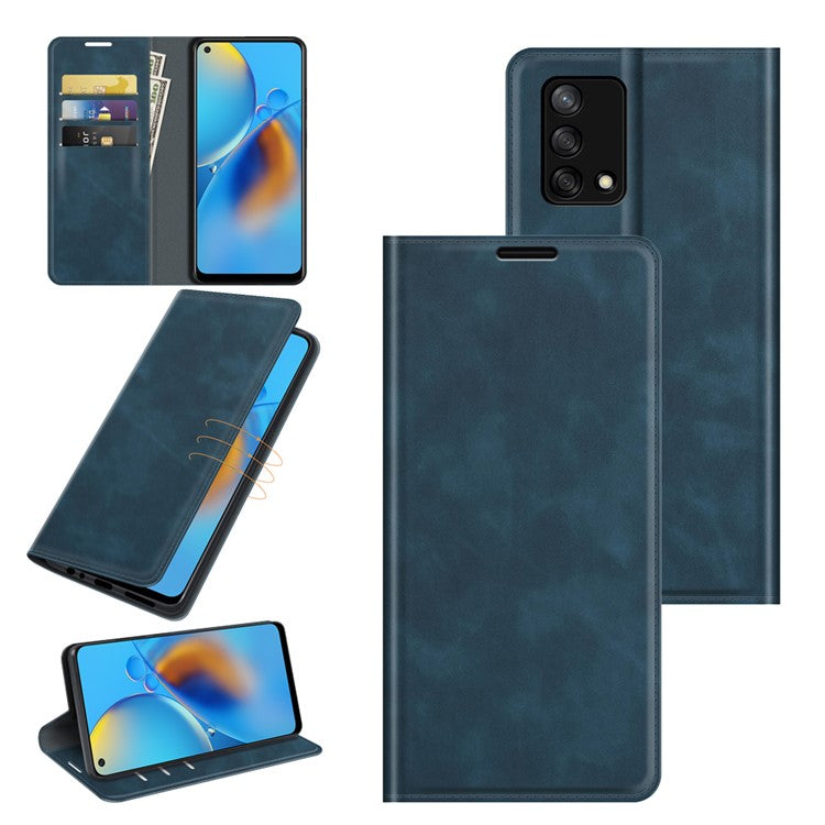 Skin-touch Leather Protective Cover Auto-Absorbed Case with Wallet Stand for Oppo F19/A74 4G - Blue
