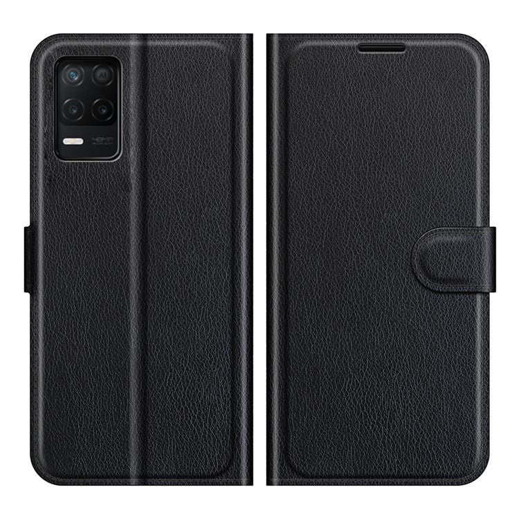 Leather Wallet Phone Case Litchi Texture Phone Cover with Stand for Realme 8 5G/V13 5G/Narzo 30 5G - Black