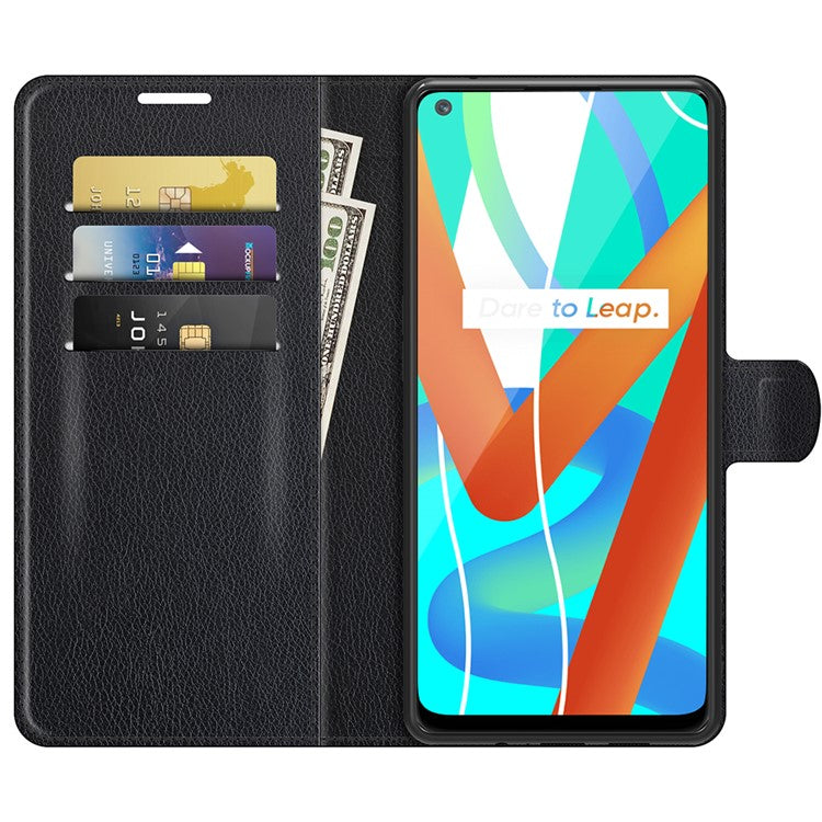 Leather Wallet Phone Case Litchi Texture Phone Cover with Stand for Realme 8 5G/V13 5G/Narzo 30 5G - Black