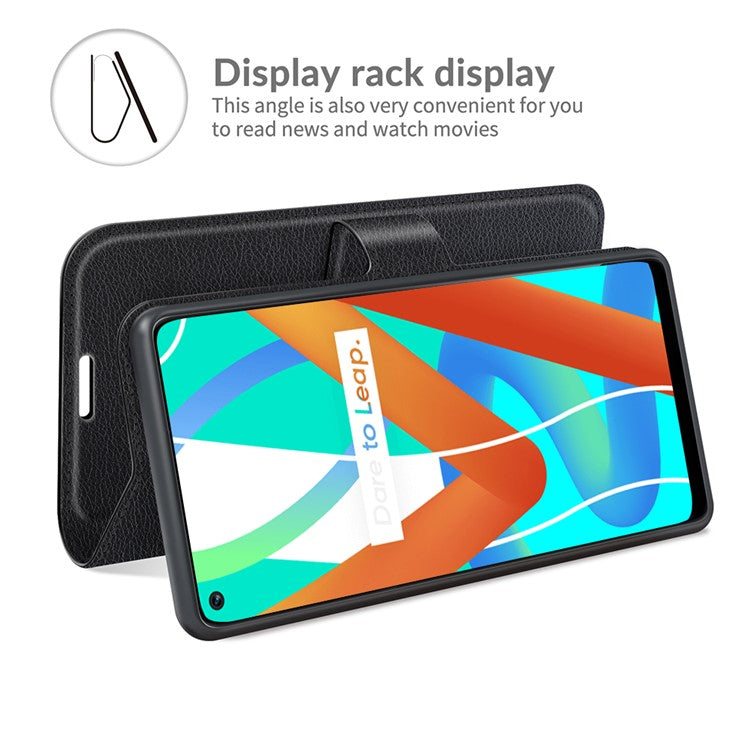 Leather Wallet Phone Case Litchi Texture Phone Cover with Stand for Realme 8 5G/V13 5G/Narzo 30 5G - Black