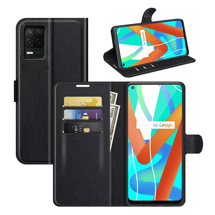 Leather Wallet Phone Case Litchi Texture Phone Cover with Stand for Realme 8 5G/V13 5G/Narzo 30 5G - Black