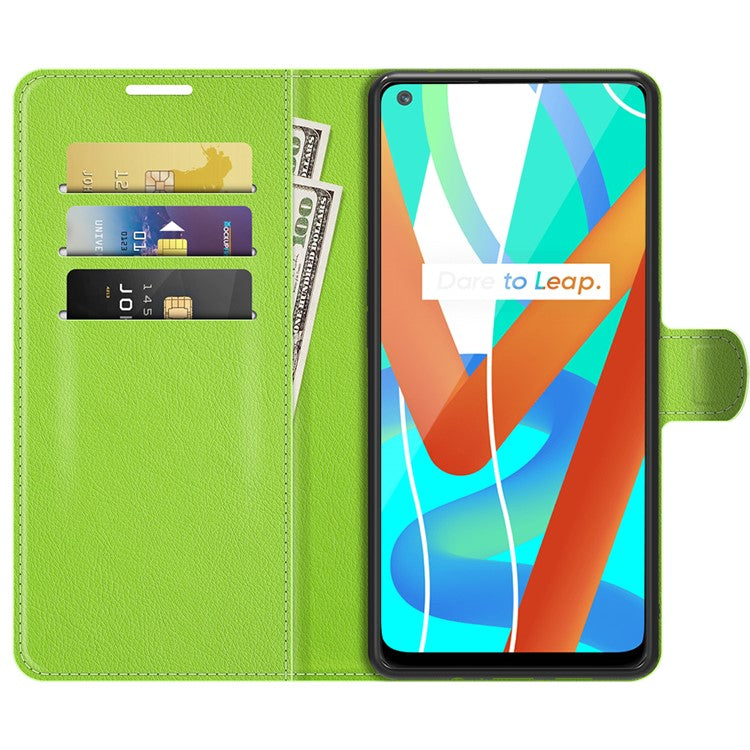 Leather Wallet Phone Case Litchi Texture Phone Cover with Stand for Realme 8 5G/V13 5G/Narzo 30 5G - Green