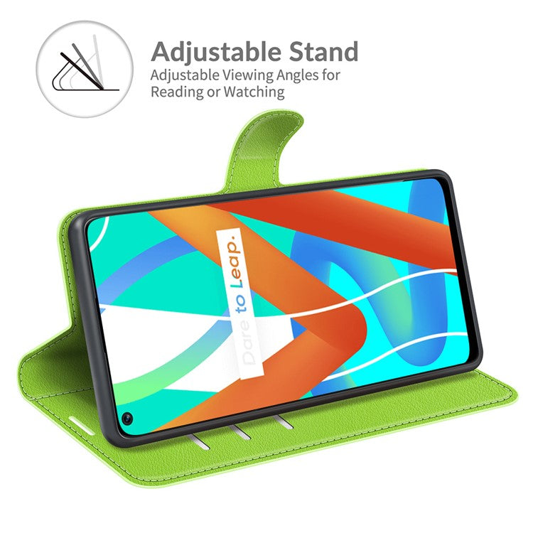 Leather Wallet Phone Case Litchi Texture Phone Cover with Stand for Realme 8 5G/V13 5G/Narzo 30 5G - Green