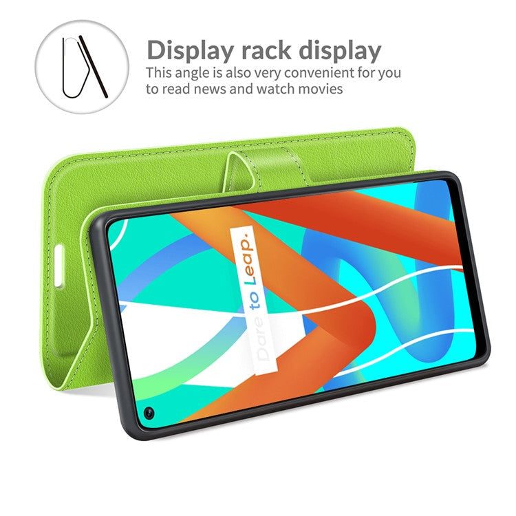 Leather Wallet Phone Case Litchi Texture Phone Cover with Stand for Realme 8 5G/V13 5G/Narzo 30 5G - Green