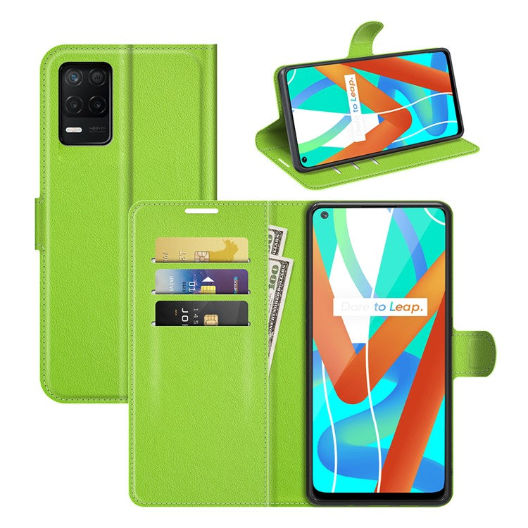 Leather Wallet Phone Case Litchi Texture Phone Cover with Stand for Realme 8 5G/V13 5G/Narzo 30 5G - Green