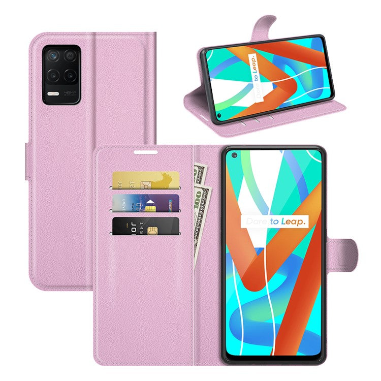 Leather Wallet Phone Case Litchi Texture Phone Cover with Stand for Realme 8 5G/V13 5G/Narzo 30 5G - Pink