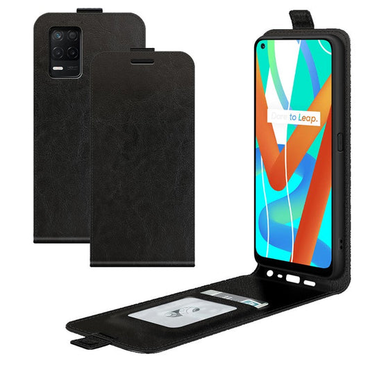 Card Holder Design Crazy Horse Texture Vertical Flip Leather Case for Realme 8 5G/V13 5G/Narzo 30 5G - Black