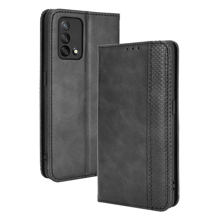Wallet Stand Vintage Style Phone Case Magnetic Closure Leather Cover for Oppo F19/A74 4G - Black