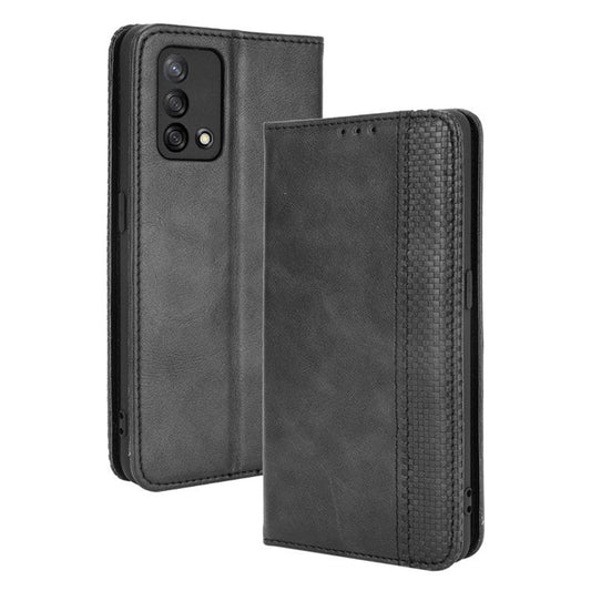 Wallet Stand Vintage Style Phone Case Magnetic Closure Leather Cover for Oppo F19/A74 4G - Black
