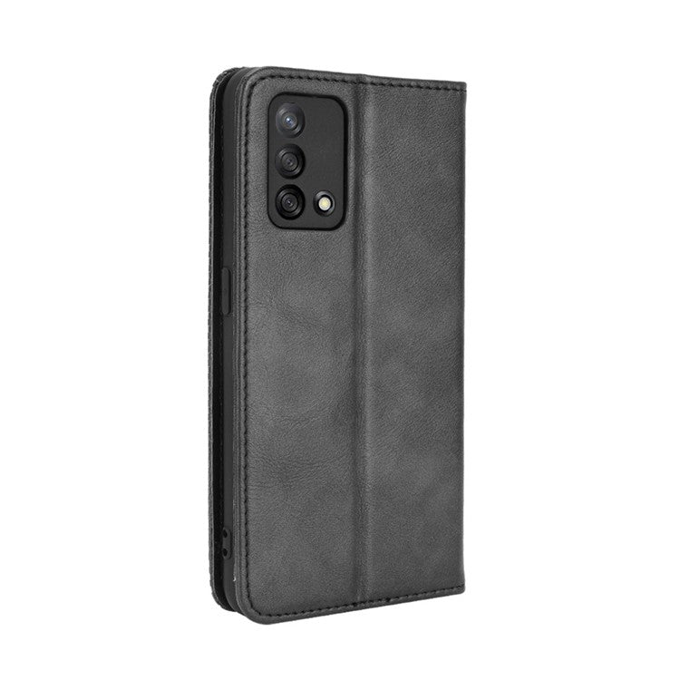 Wallet Stand Vintage Style Phone Case Magnetic Closure Leather Cover for Oppo F19/A74 4G - Black