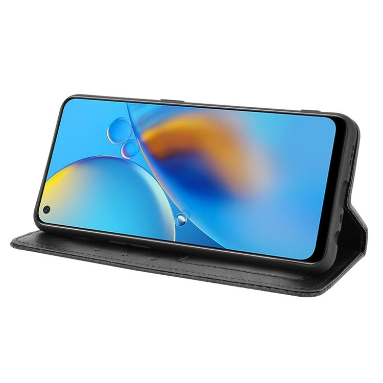 Wallet Stand Vintage Style Phone Case Magnetic Closure Leather Cover for Oppo F19/A74 4G - Black
