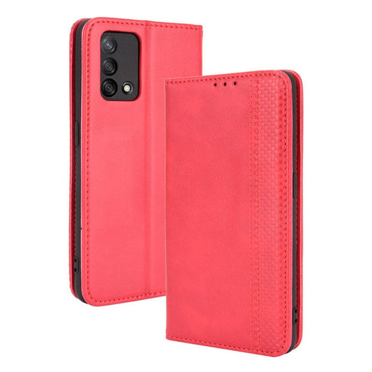 Wallet Stand Vintage Style Phone Case Magnetic Closure Leather Cover for Oppo F19/A74 4G - Red