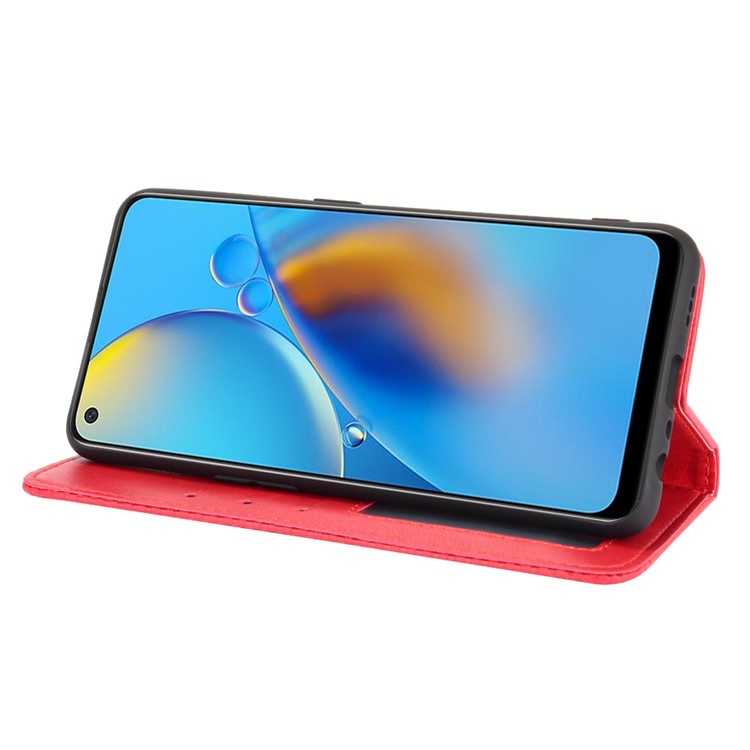 Wallet Stand Vintage Style Phone Case Magnetic Closure Leather Cover for Oppo F19/A74 4G - Red