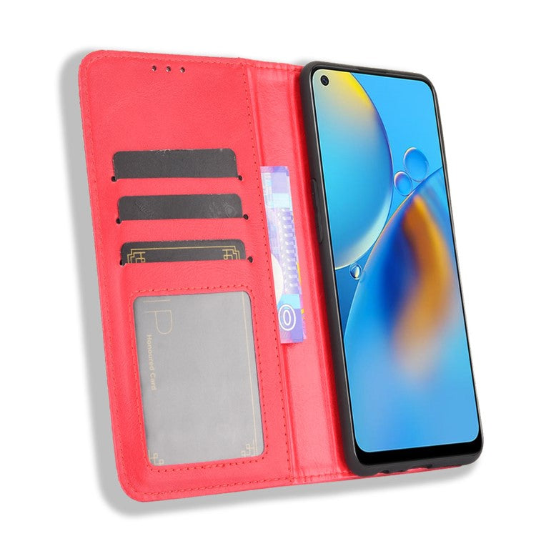 Wallet Stand Vintage Style Phone Case Magnetic Closure Leather Cover for Oppo F19/A74 4G - Red