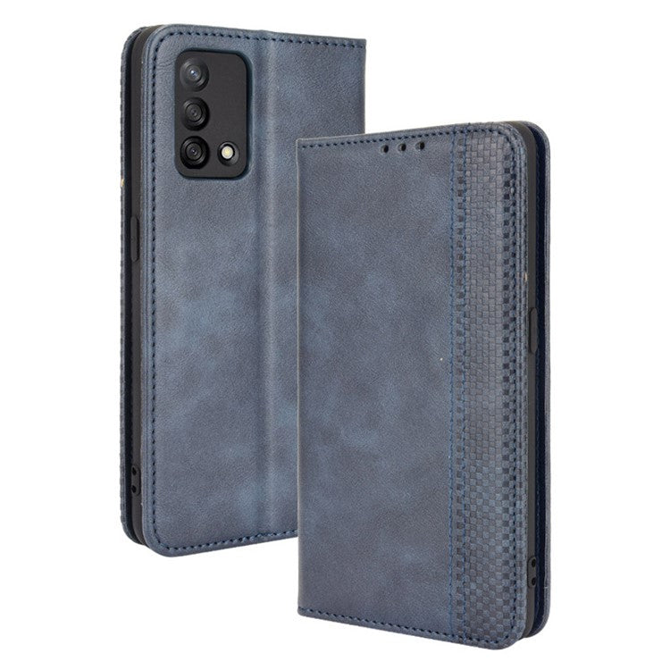 Wallet Stand Vintage Style Phone Case Magnetic Closure Leather Cover for Oppo F19/A74 4G - Blue