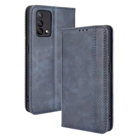 Wallet Stand Vintage Style Phone Case Magnetic Closure Leather Cover for Oppo F19/A74 4G - Blue