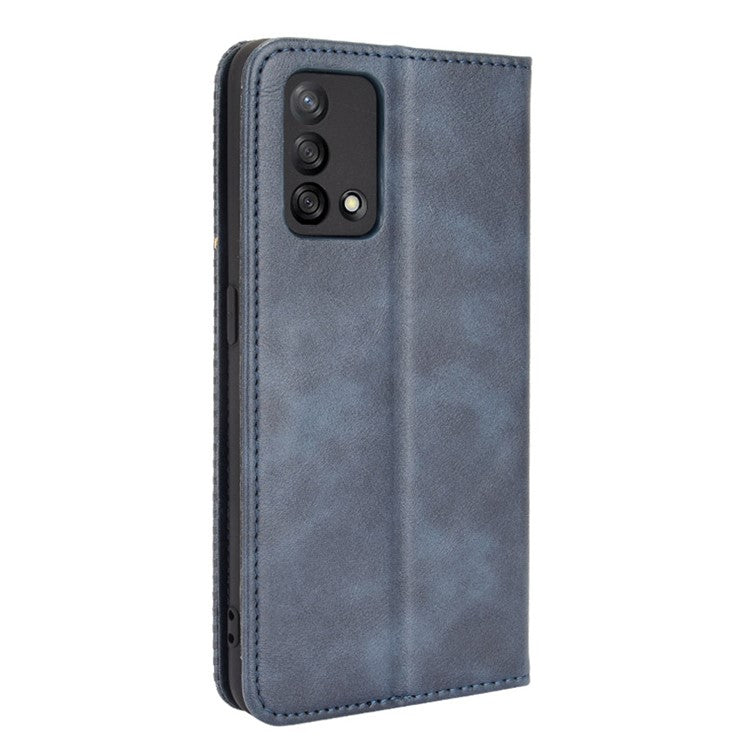 Wallet Stand Vintage Style Phone Case Magnetic Closure Leather Cover for Oppo F19/A74 4G - Blue