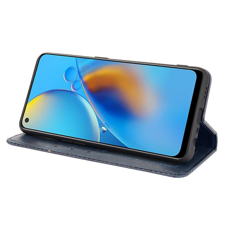 Wallet Stand Vintage Style Phone Case Magnetic Closure Leather Cover for Oppo F19/A74 4G - Blue