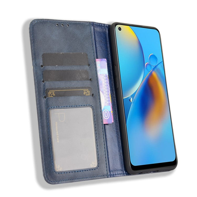 Wallet Stand Vintage Style Phone Case Magnetic Closure Leather Cover for Oppo F19/A74 4G - Blue