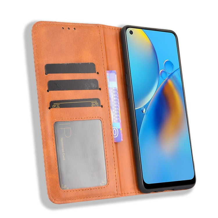 Wallet Stand Vintage Style Phone Case Magnetic Closure Leather Cover for Oppo F19/A74 4G - Brown