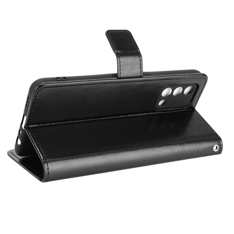 Wallet Design Crazy Horse Skin Leather Stand Shell with Strap for Oppo A74 4G / F19 - Black