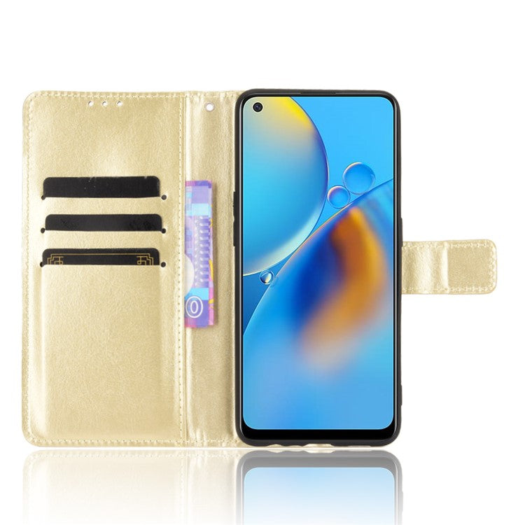 Wallet Design Crazy Horse Skin Leather Stand Shell with Strap for Oppo A74 4G / F19 - Gold