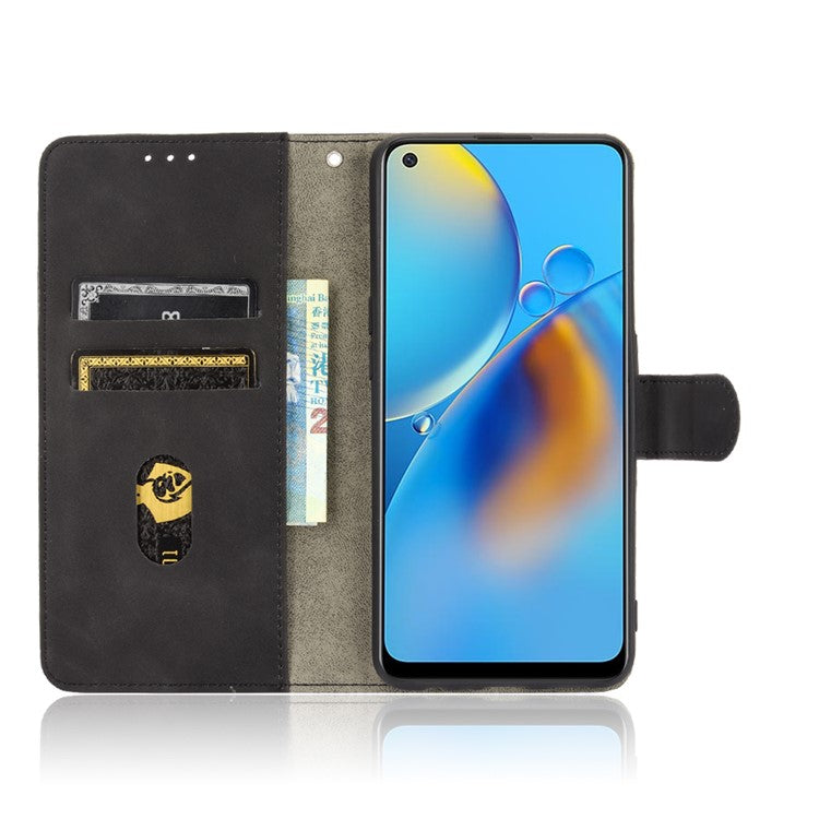 Skin-touch Feeling Leather Wallet Stand Flip Case Protective Phone Shell Cover for Oppo F19/A74 4G - Black